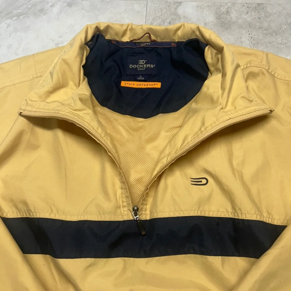 Dockers Golf Windbreaker Yellow Navy Stripe Mens Large Quarter Zip Jacket